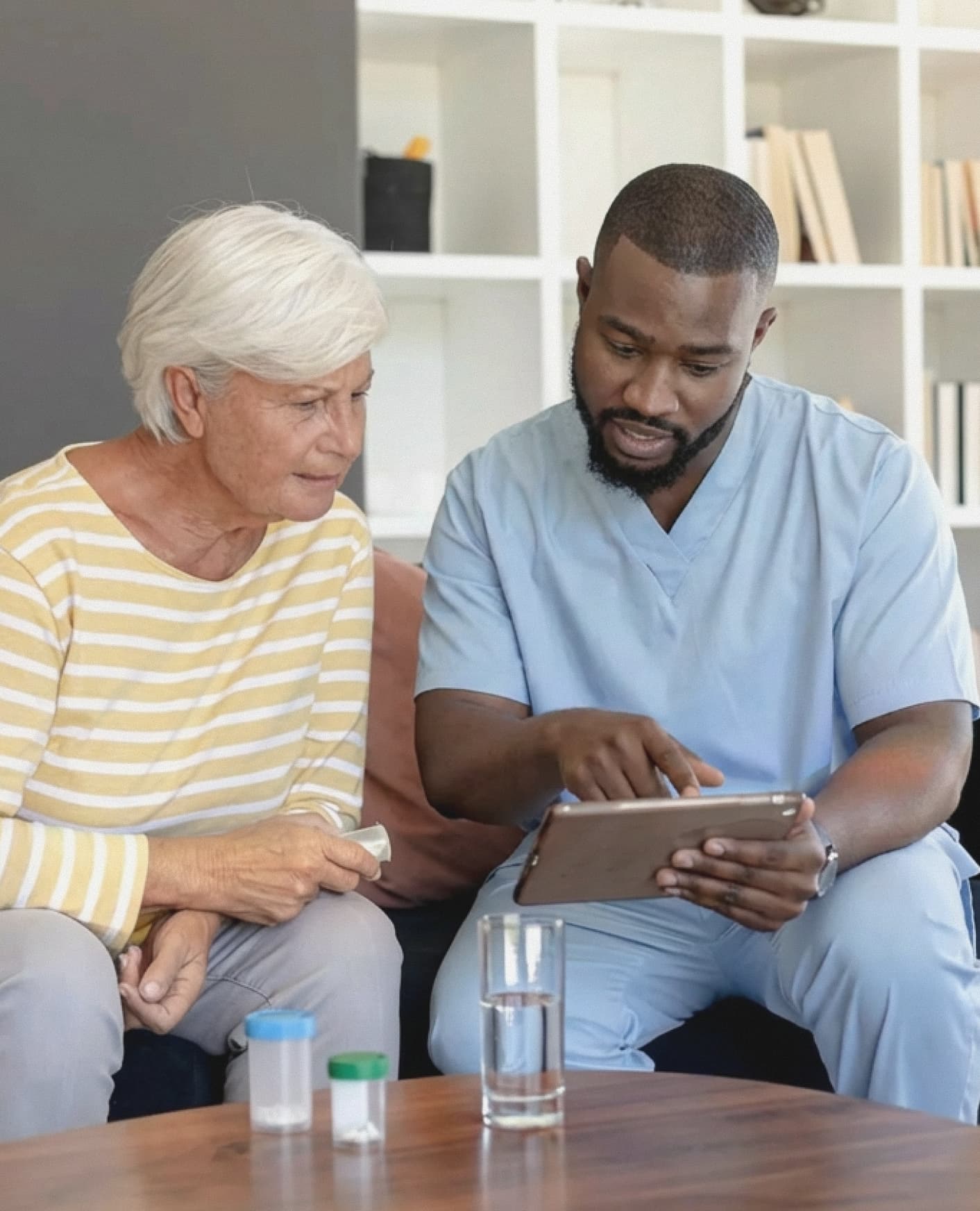 Companion caregiver reading with elderly man during home care visit