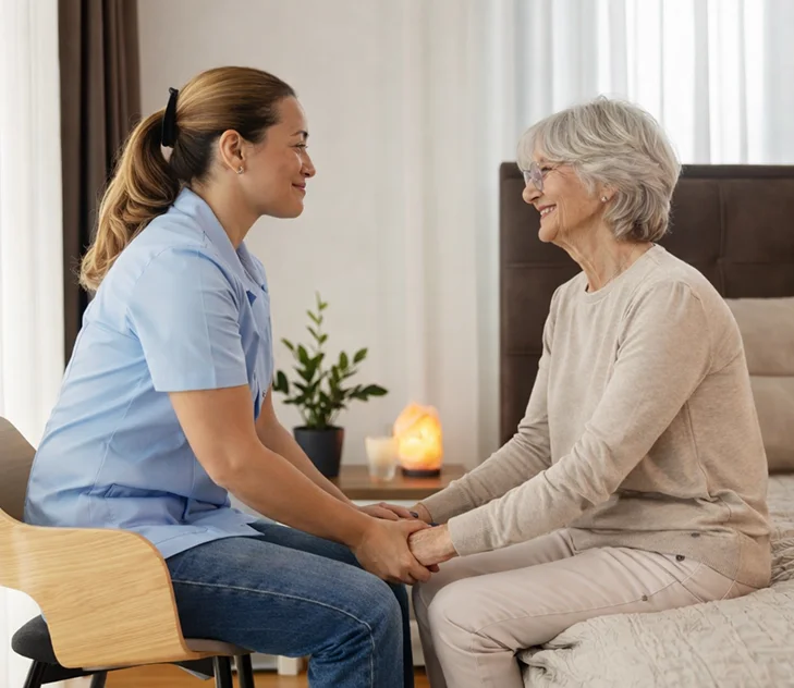 A caregiver and senior woman sitting together holding hands in a cozy bedroom