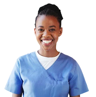 A smiling caregiver in blue scrubs against a white background