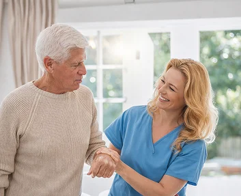 Caregiver holding hands with elderly man while walking indoors