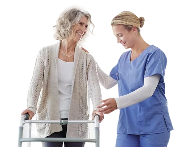 Caregiver assisting senior woman with walker
