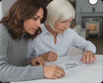 Woman helping senior with puzzle activity