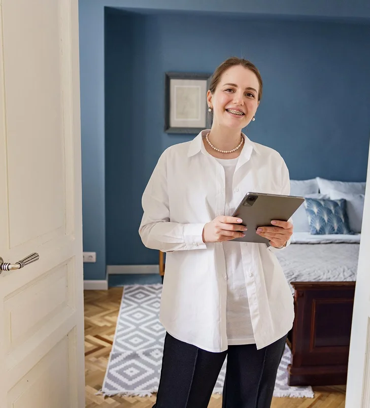 Caregiver holding a tablet during a home visit