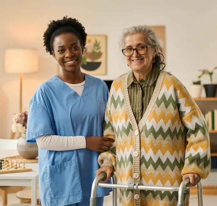 Caregiver standing with a senior woman using a walker