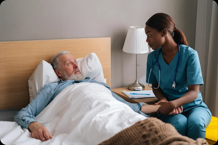 Nurse checking a senior woman's blood pressure
