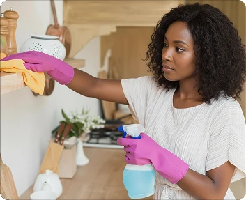 Caregiver wearing pink gloves cleaning kitchen shelves with a spray bottle and cloth