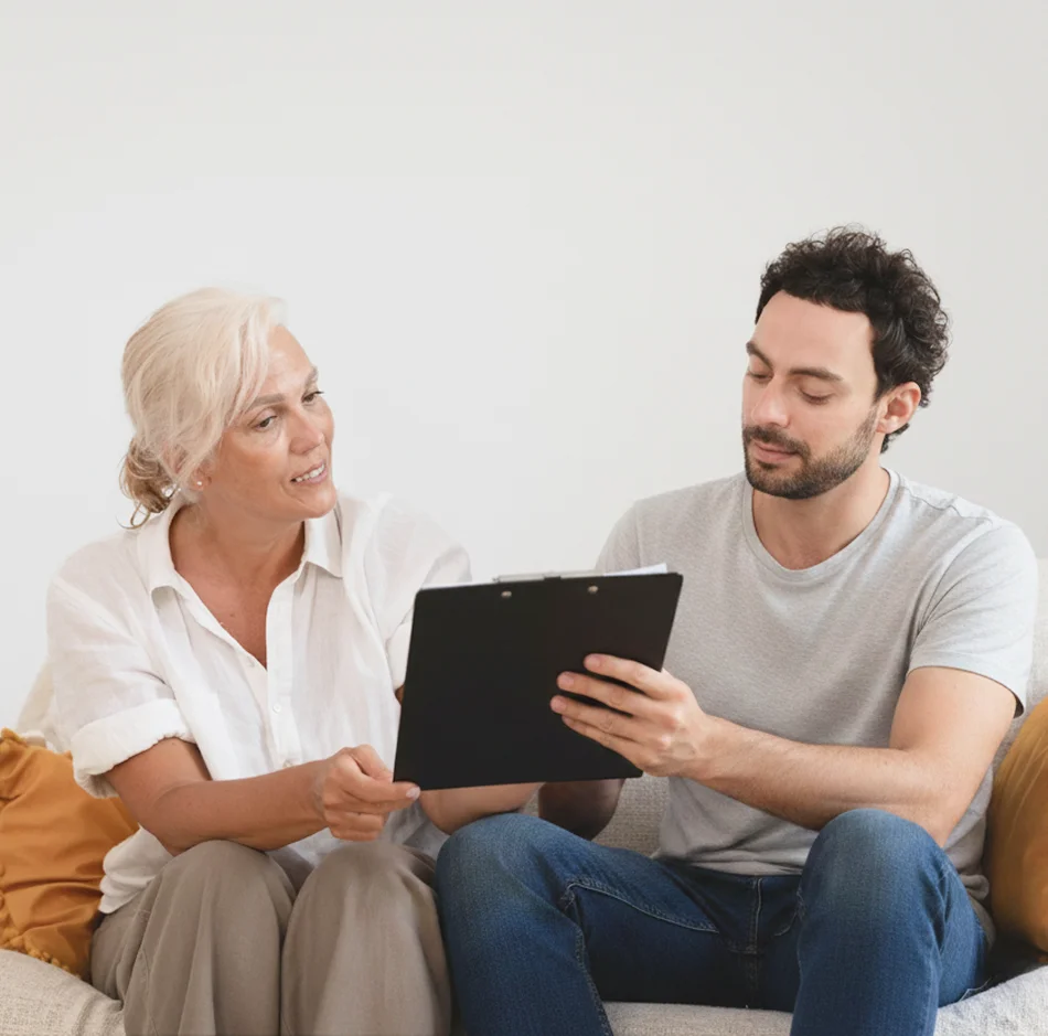 Woman reviewing a document with a care advisor