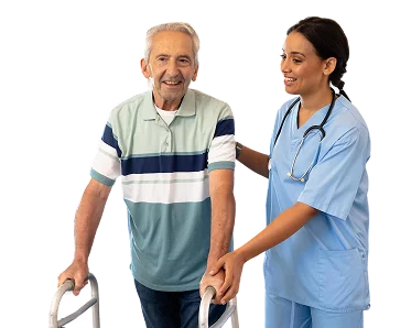 Senior man using a walker with caregiver assistance