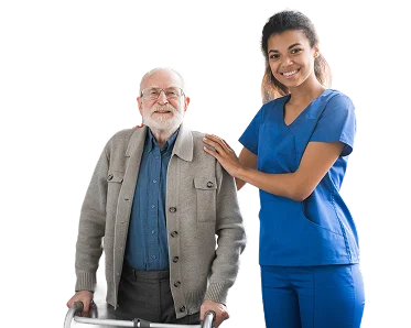 Senior man using a walker with caregiver support