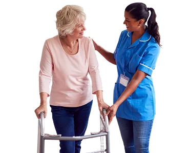 Caregiver assisting a senior woman with a walker