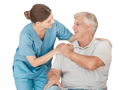Caregiver supporting a smiling senior man