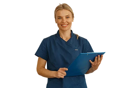 Professional caregiver holding a patient clipboard