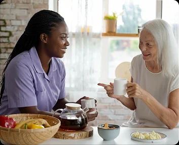 caregiver and elderly woman sharing tea and conversation