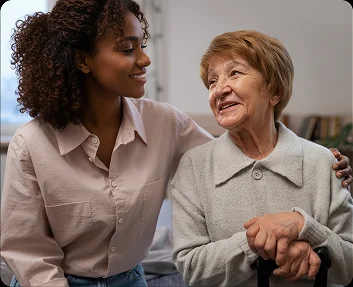 Young caregiver embracing smiling elderly woman