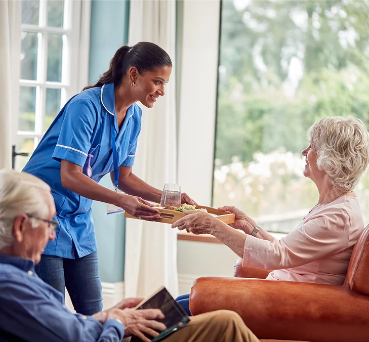 Caregiver serving a meal to a senior woman at home